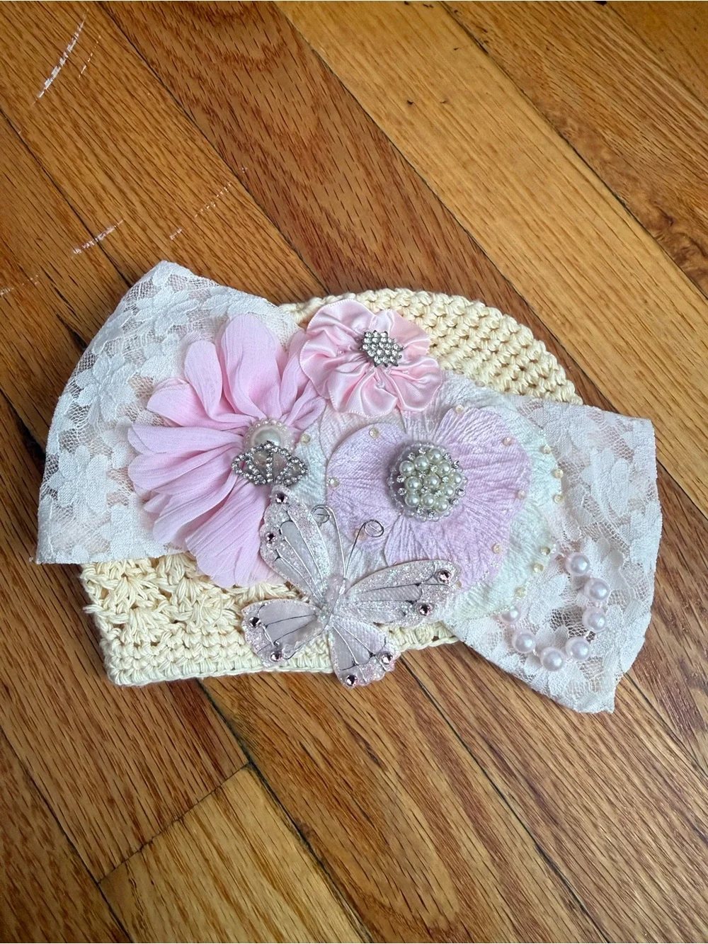 Pink Floral Lace and Crochet Headband with Butterfly Accent